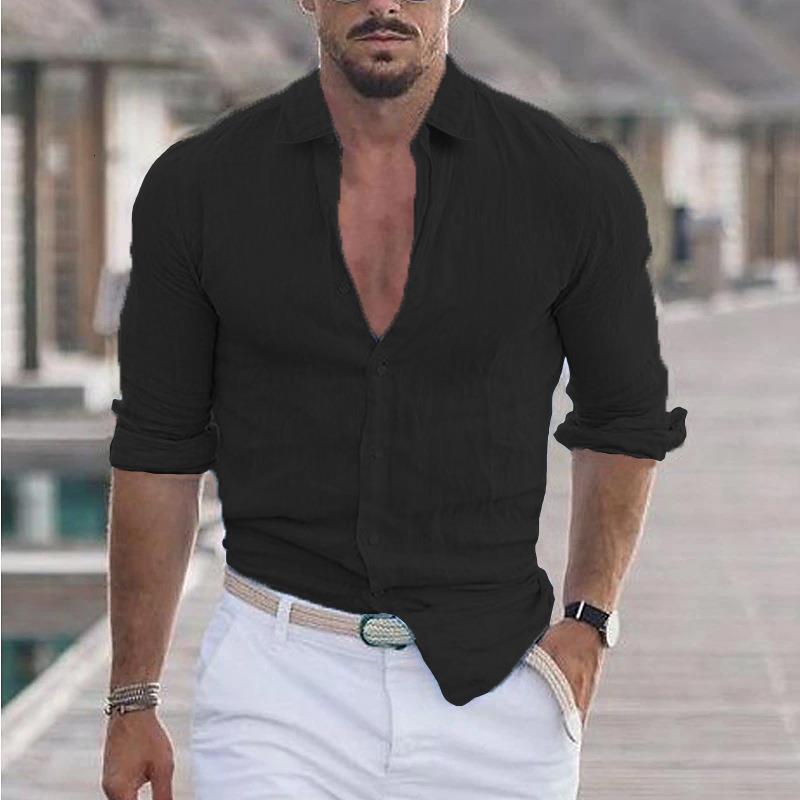 2025 New Men's Summer Cotton Linen Lapel Beach Shirt Long Sleeve Solid Color Hawaiian Holiday Clothing