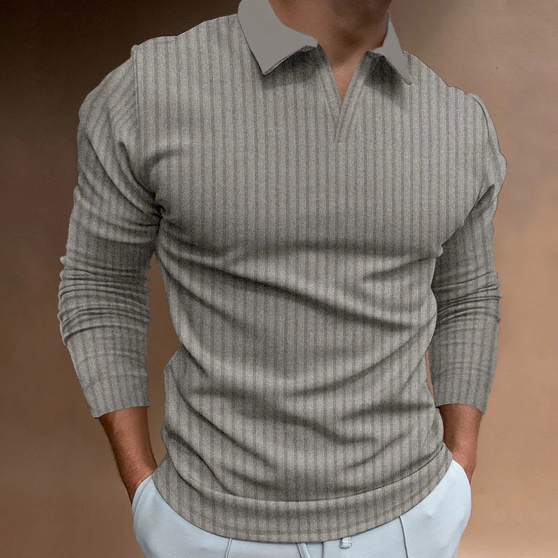 Mens Autumn Fitness Business Casual Standing Collar Long Sleeve Vertical Strip Vneck Polo Shirt 251020