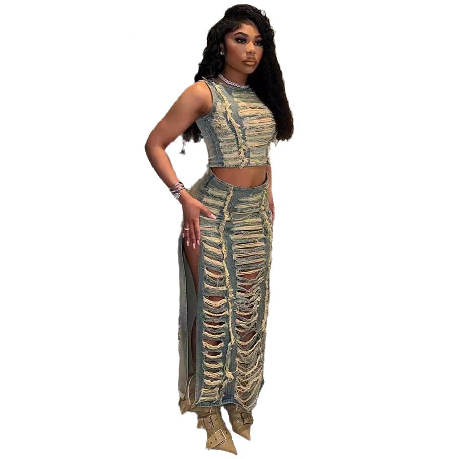 designer dress dresses for woman elegant women's set trendy personality handmade frayed vest slit denim skirt tracksuit women
