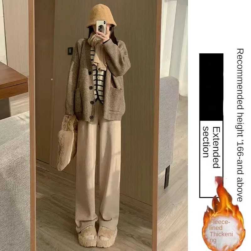 Autumn Winter Korean Fleece Women Thicken Pants Elastic Waist Stright Long Wide Leg Pants Fleecelined Knitting Warm TrousersT251025