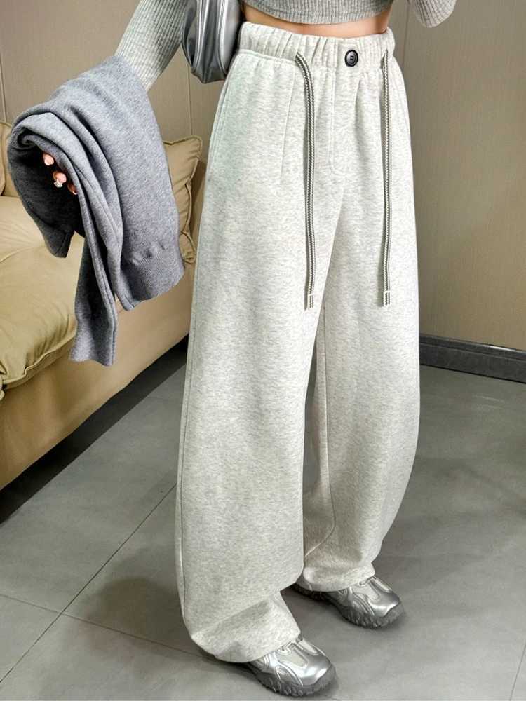 Velvet Wideleg Pants Women Highwaisted Drawstring Loose Casual Thicken Warm Sweatpants Solid Yellow Winter Womens TrousersT251025