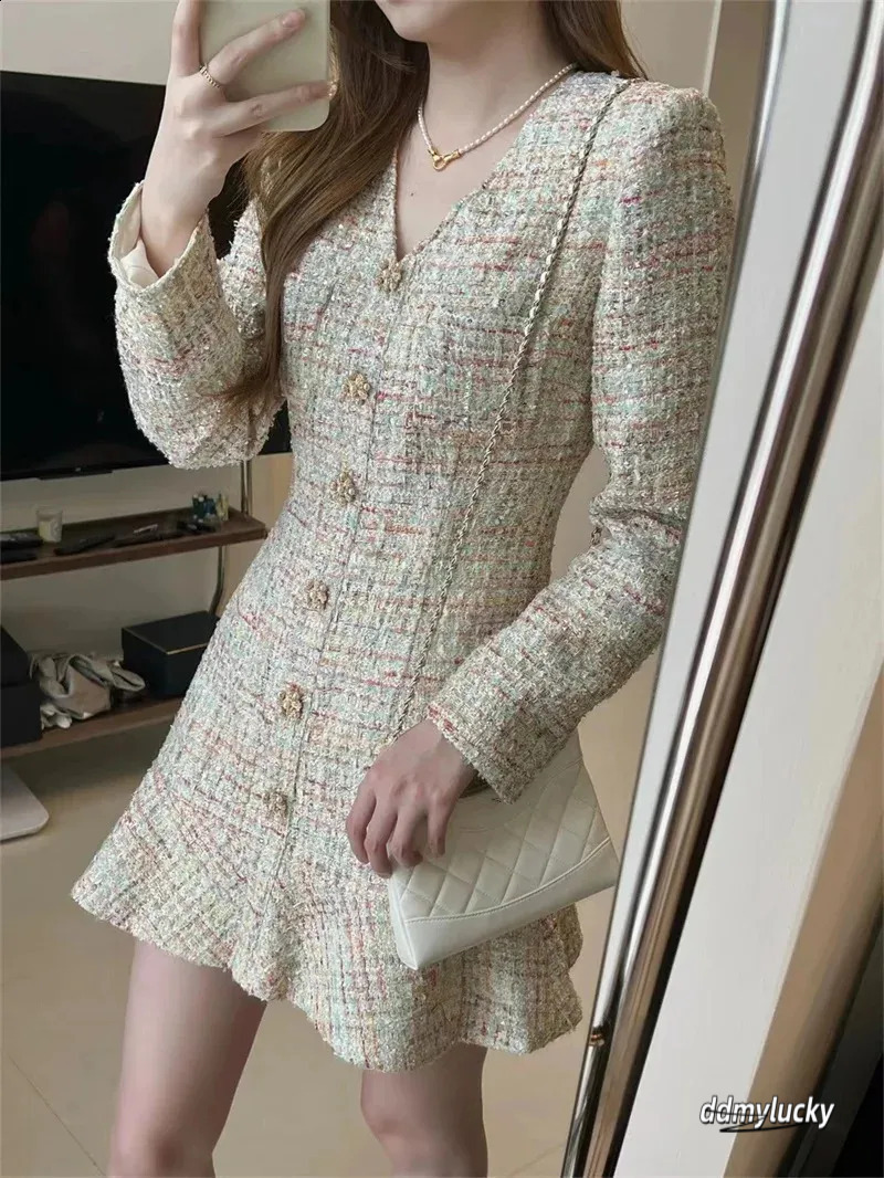 Dresses Women, Women's Tweed Mini - Elegant V-Neck Long Sleeve A-Line Ruffle Hem Short Dress For Autumn Fashion Ddmylucky