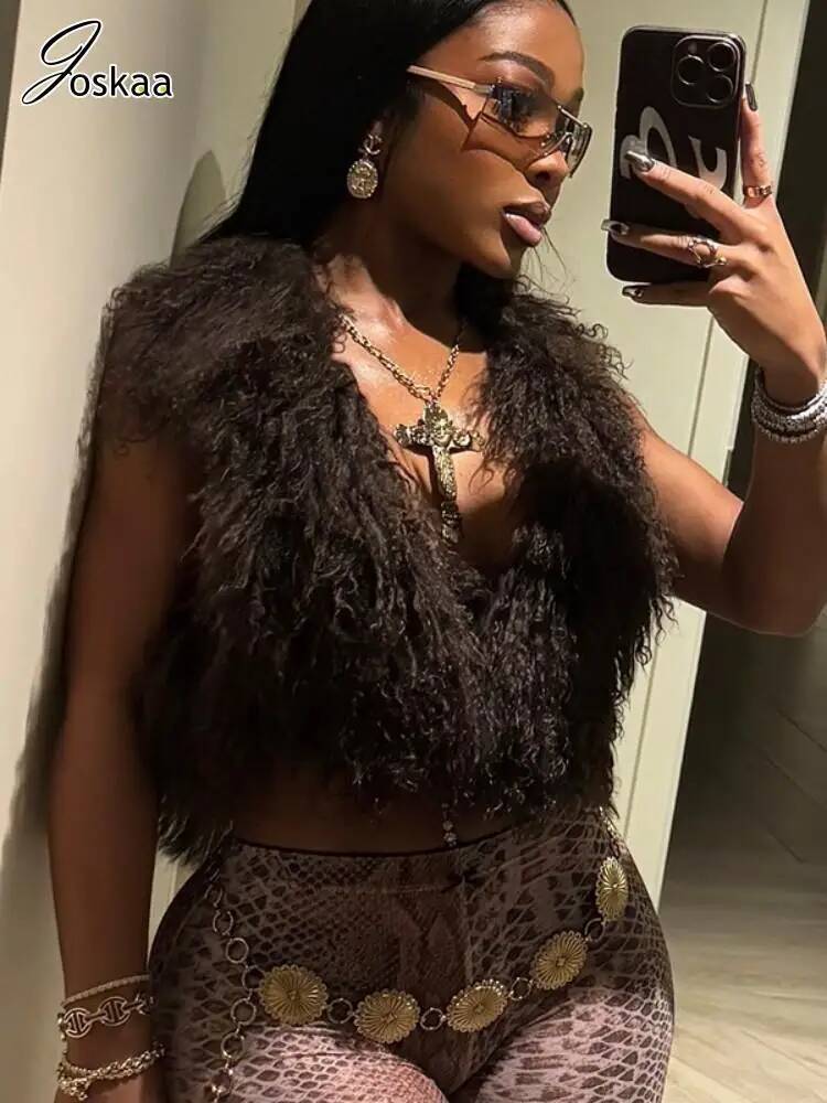 Joskaa Sexy Faux Fur Waistcoat Women Furry Backless Bandage Halter Crop Vests Coat 2025 Fashion Warm Outerwear Y2K Streetwear dongdumaoyi