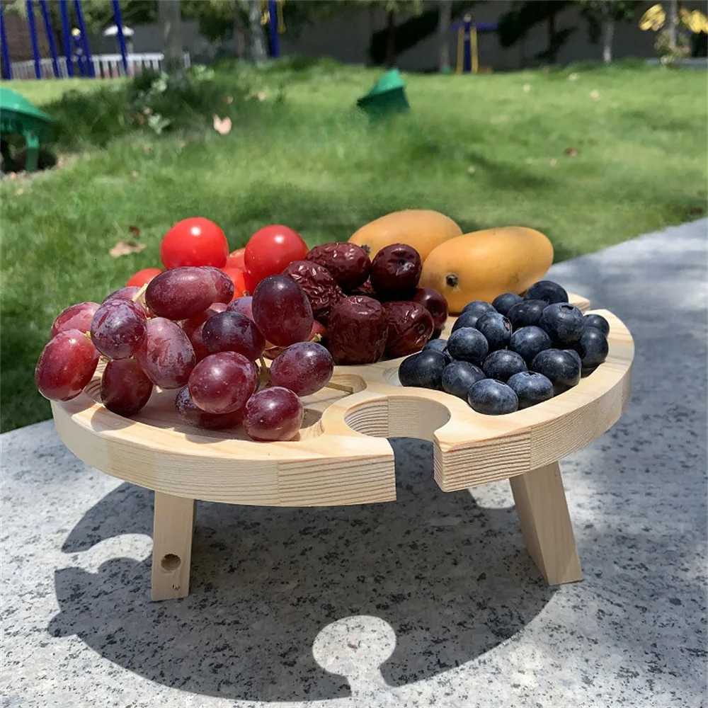 Outdoor Portable Folding Wine Picnic Wooden Table Camping Cheese Board Tray Foldable Snack Table Wine Rack Tourist Fruit Table Y251025