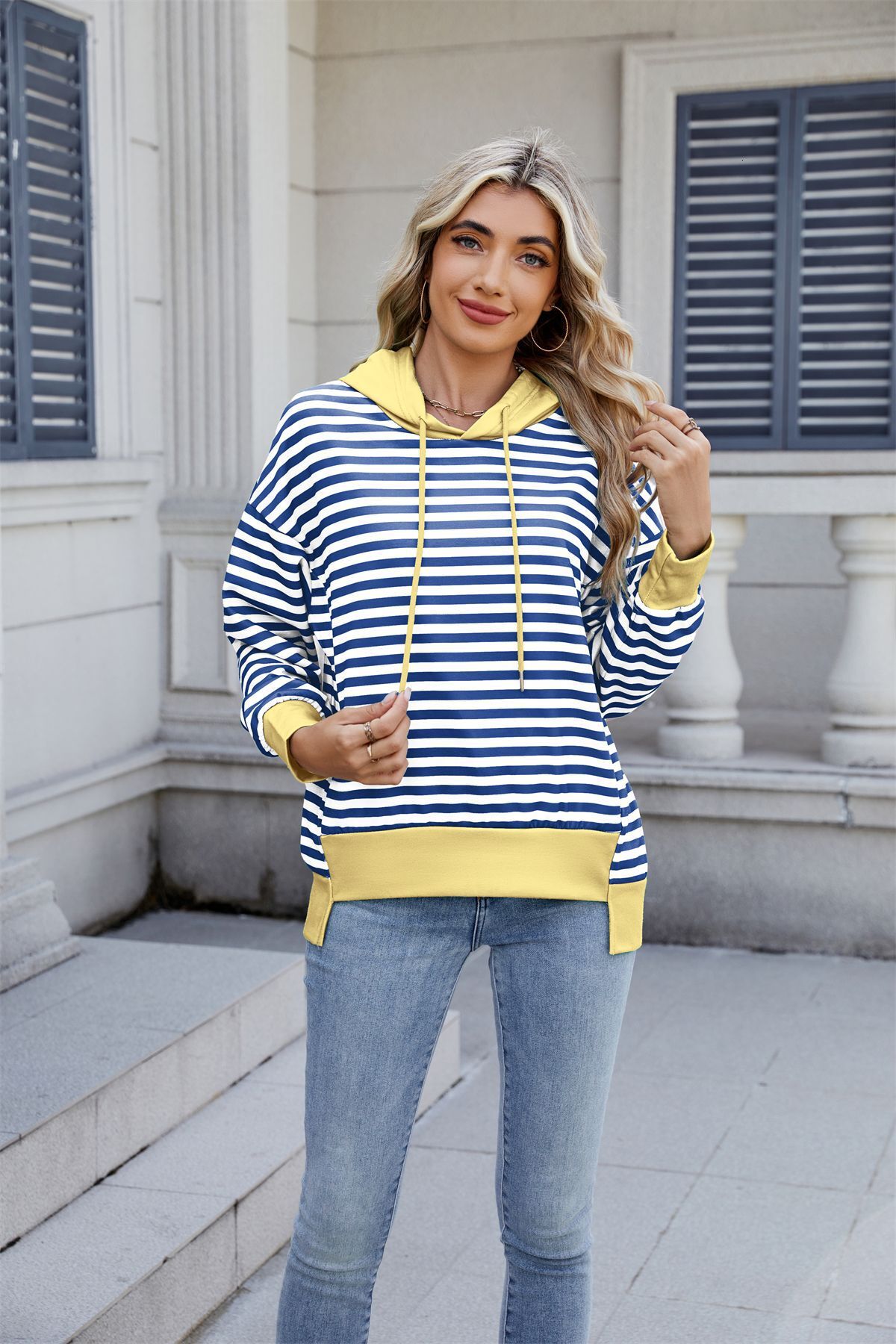 2025 Spring Summer New Loose Striped Sweatshirt Color Block Irregular Top