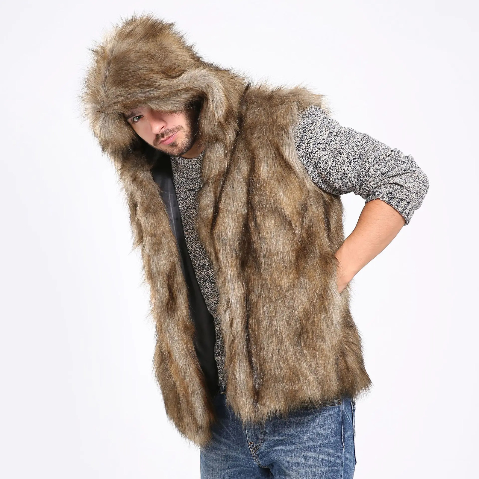 Faux Fur Men Vest Coats Hooded Sleeveless Short Coat Thick Y2k Streetwear Jackets Open Stitch Outerwear 2025 Autumn Winter 251020