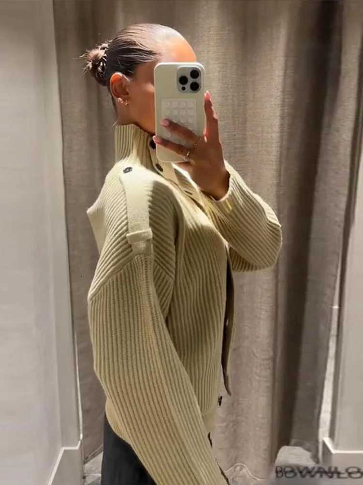 High Neck Knitted Sweater Jacket Woman Solid Color Single Breasted Long Sleeves Loose Coats Casual Street Womens Autumn JacketsT251025