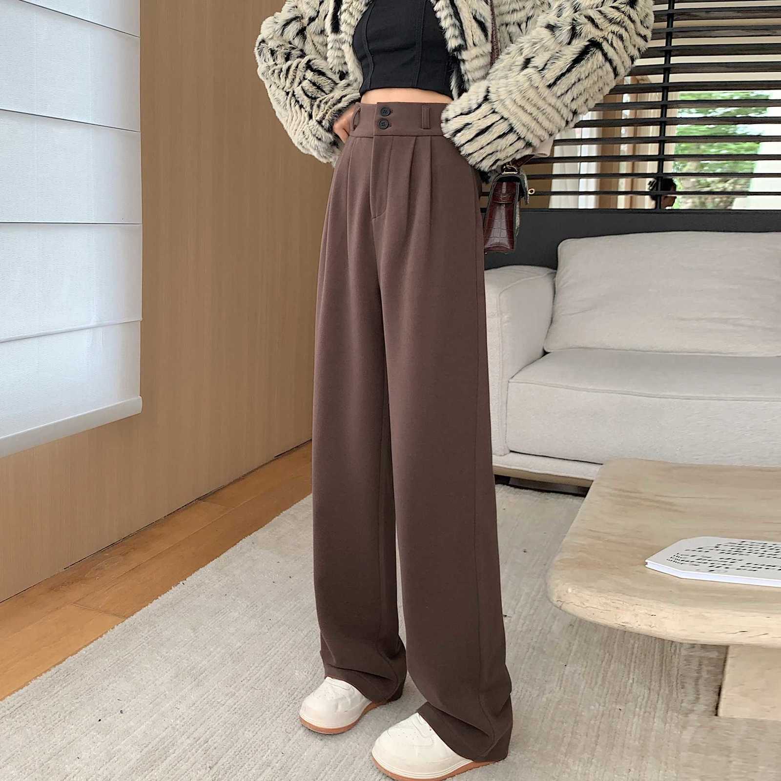 Autumn Winter High Waist Woolen Womens Wide Leg Pants 2025 New Button Korean Casual Loose Straight Full Length Trousers FemaleT251025
