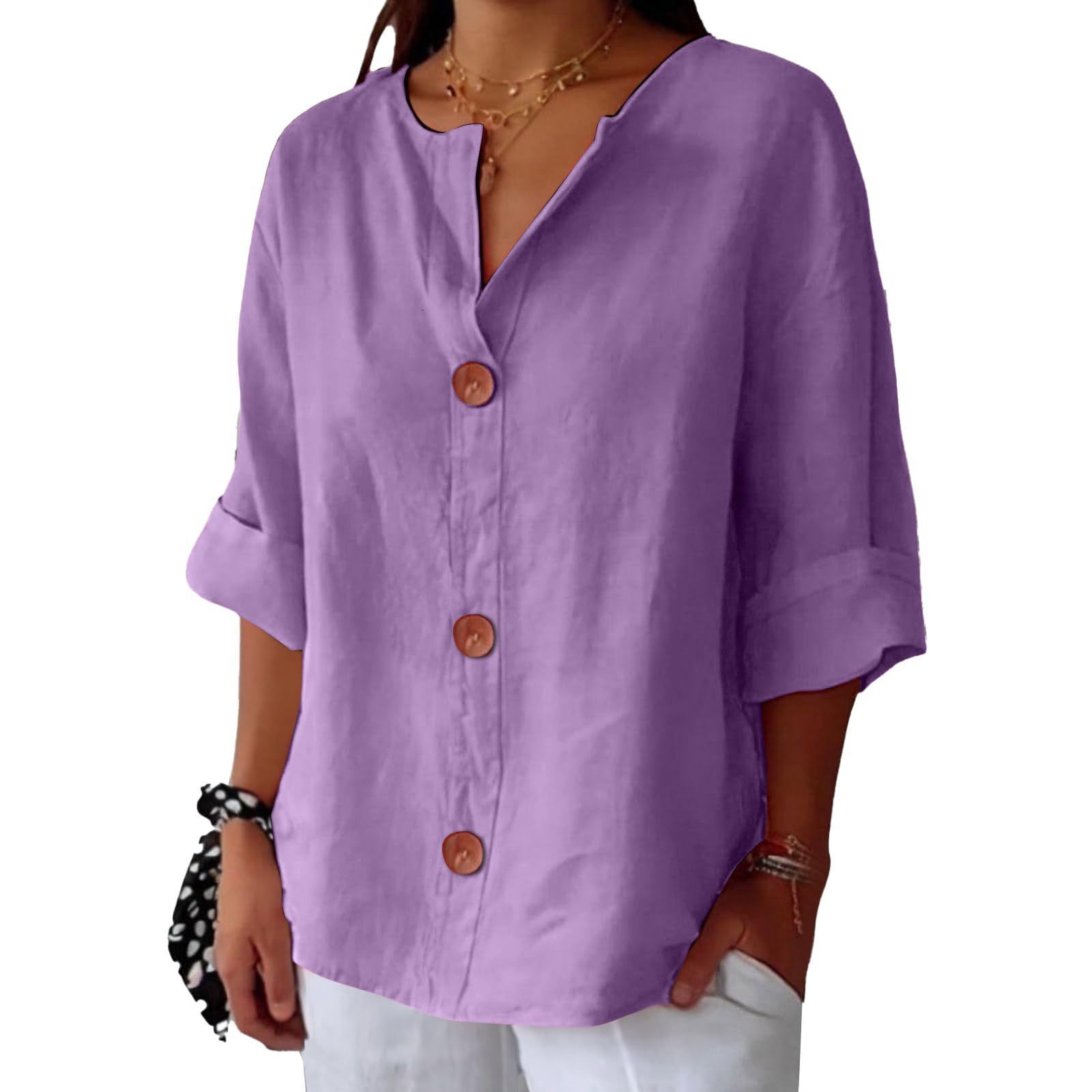 2025 Spring/Summer New Loose T-Shirt Women's V-Neck Cotton Linen Button Top