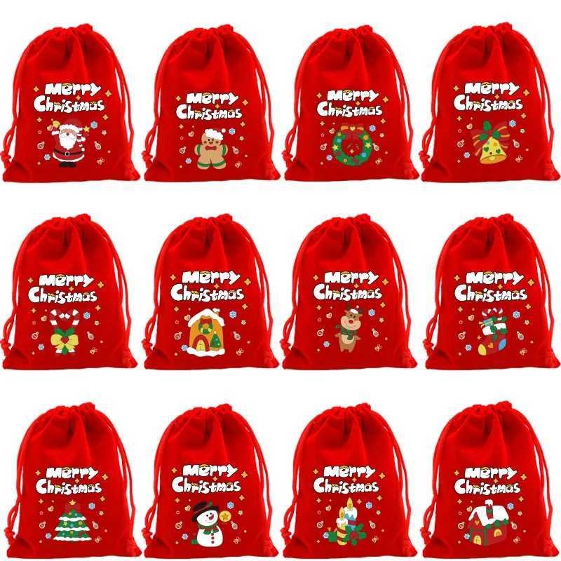 20pcs Xmas Velvet Bags Small Candy Gift Bag Drawstring Pouch Christmas Party Favor Boutique Jewelry Packaging Bags 2024 New Year C251024