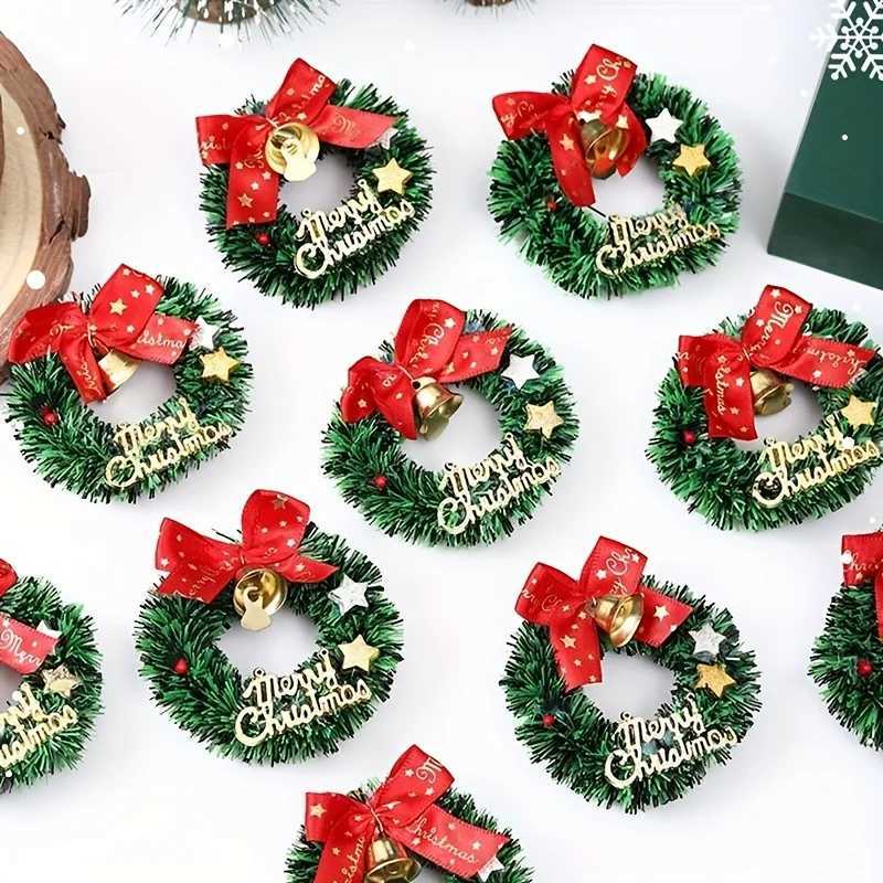 10Pack Mini Christmas Wreaths with Red Bows and Golden Bells Plastic Festive Artificial Craft Tree Ornaments C251024