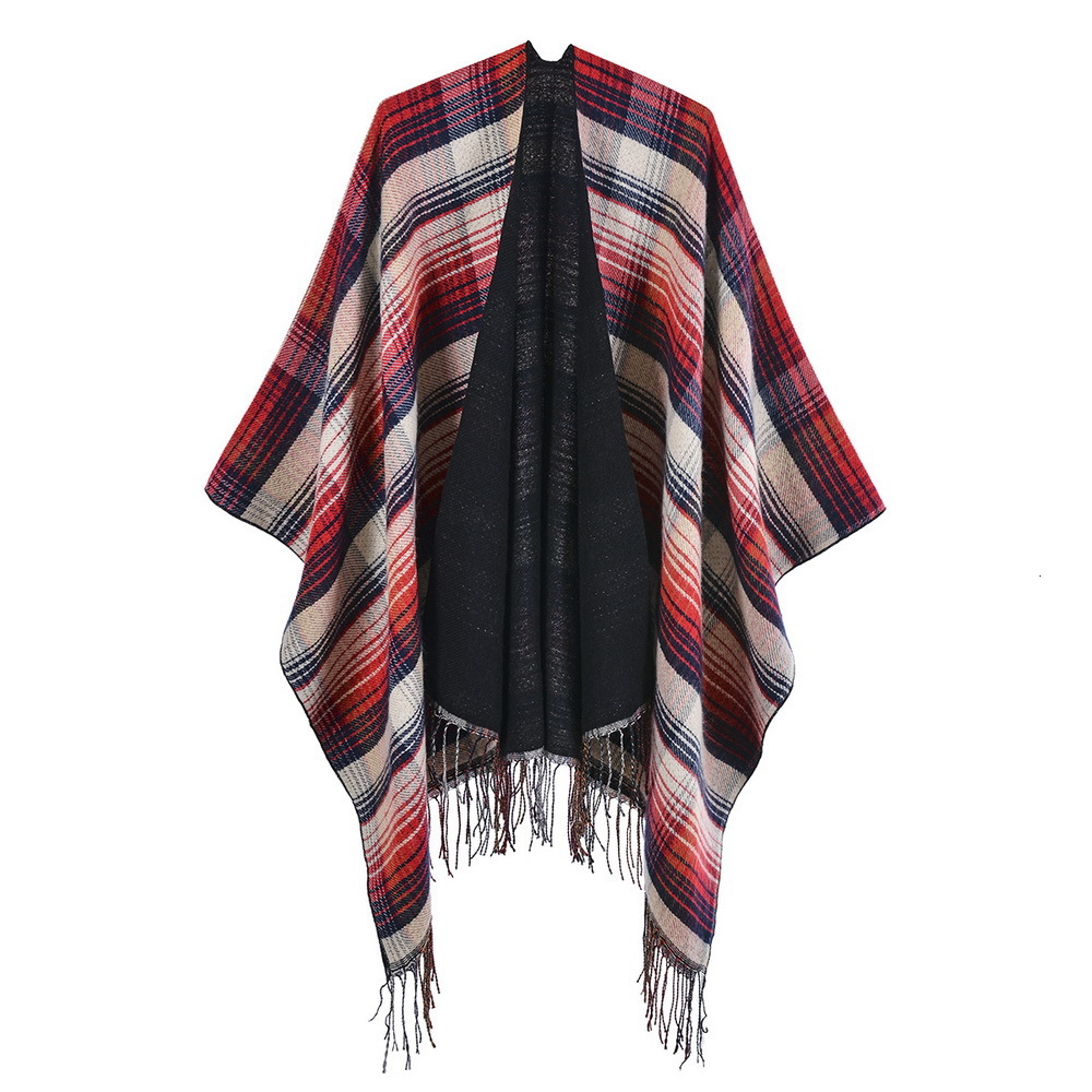 Scottish Classic Colorful Plaid Shawl Cape Imitation Cashmere Tassel Thickened Warm Split Shawl