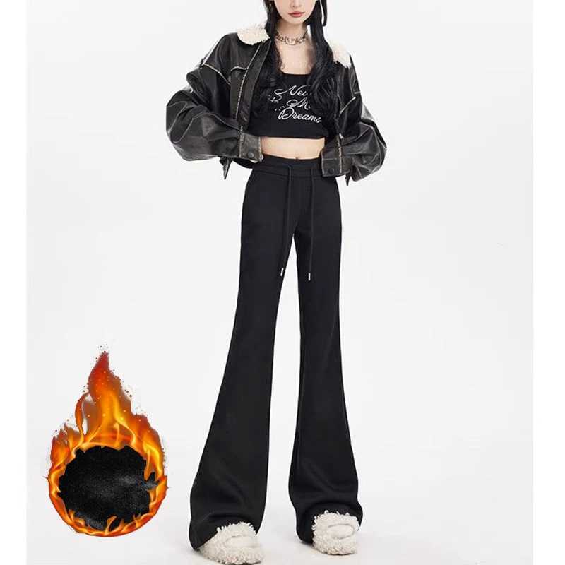 Winter Lady High Waist Fleece Thermal Pants Female Chic Snow Warm Straight Leg Plush Trousers Girls Fashion Casual PantsT251025