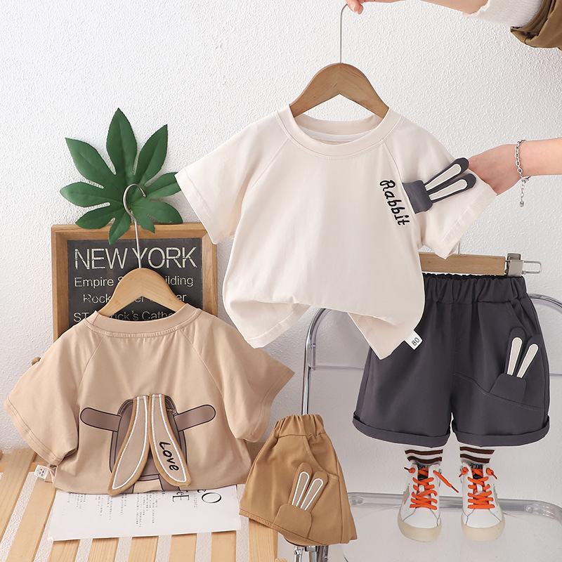 Free Shipping 2025 Boys Summer Clothes Set Rabbit Print Short Sleeve Two-Piece Outfit Korean Style Shorts Set