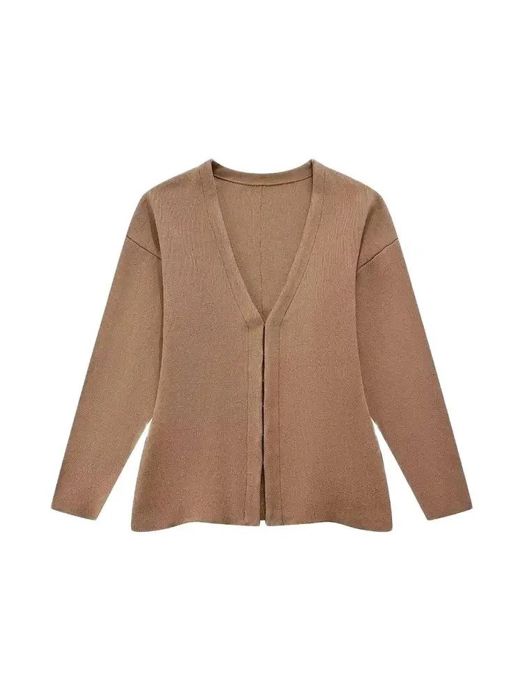 Womens Front Hook Fitted Knit Cardigan Sweater V Neck Long Sleeves Side Split Hem Female Outerwear Chic Tops Fashion 251013