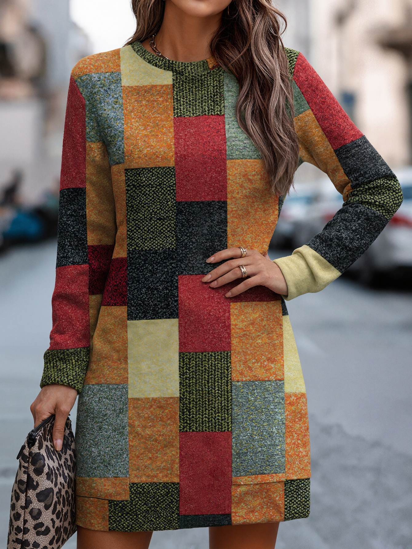 Autumn Winter Versatile Plaid Printed Mom Style Fashion Streetwear Women's Sweatshirt Dress, Milk Silk Mixed Color Dress, S-XXL---CF41445