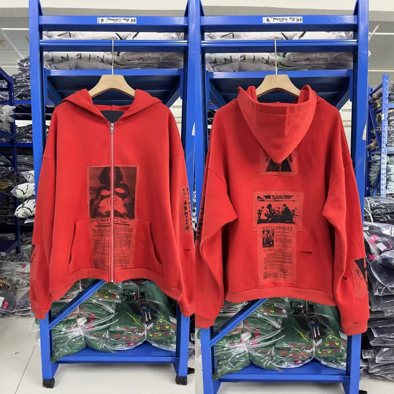 European-style Distressed Wash Patchwork Hoodie Must-have Trendy Chinese Streetwear Premium Cotton Red Sweatshirt for Men Women Baggy fit 25fw 1025