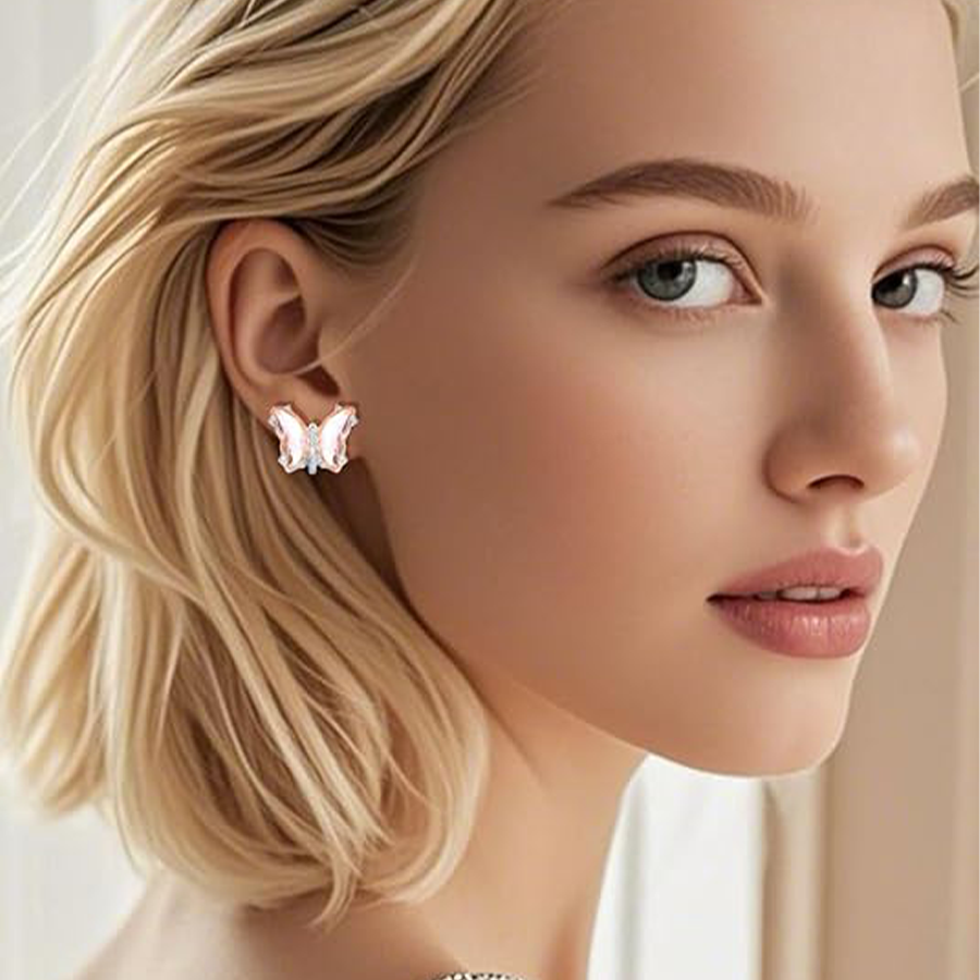 6 Pairs Butterfly Shape Crystal Clip on Earrings Non Pierced Stud Multicolored CZ Earrings for Women Silver Tone
