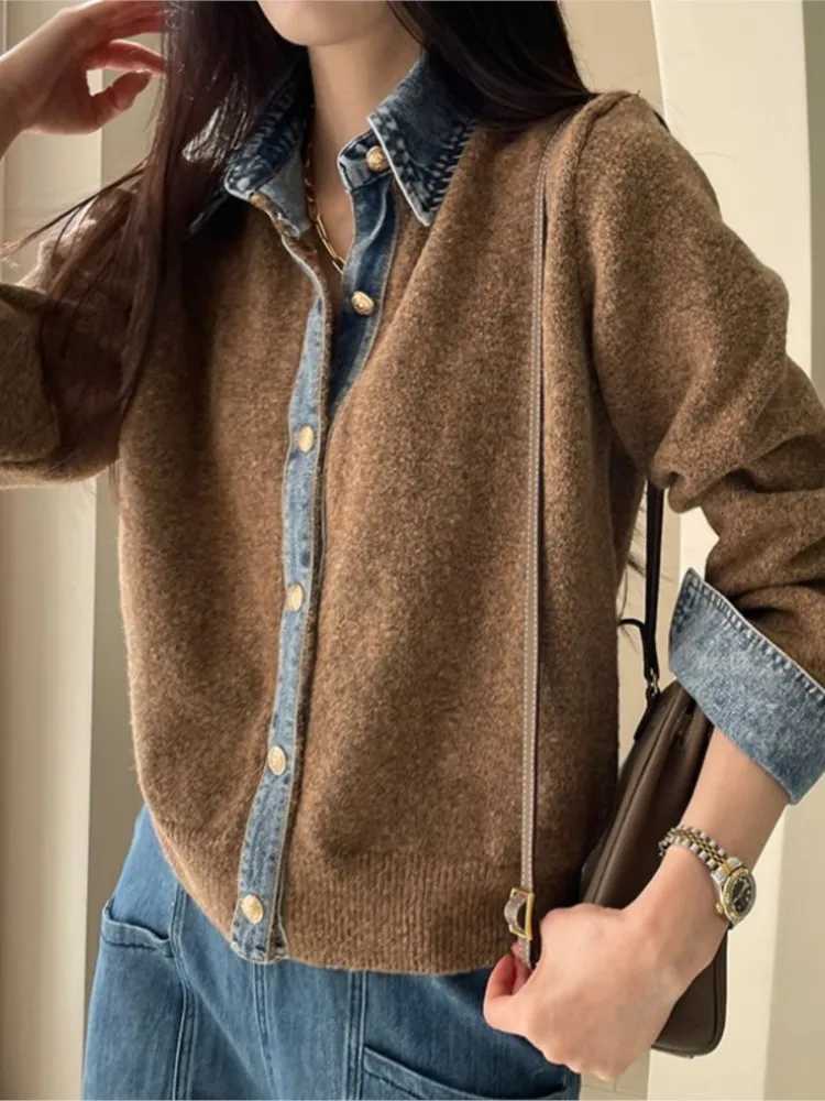 Knitted Autumn Cardigan Women Denim Patchwork Fashion Ladies Cardigans Korean Style Loose Casual Woman Sweater CoatsT251025