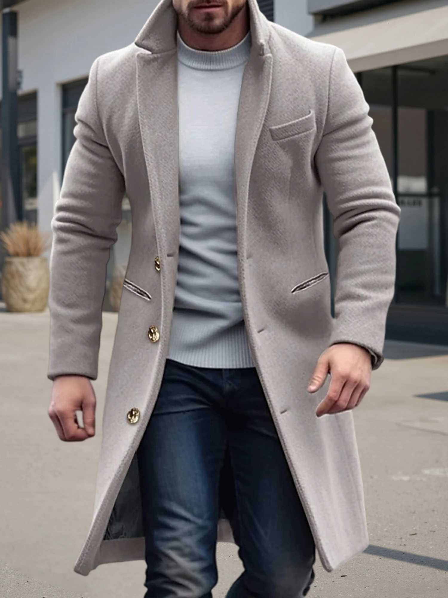 Men s Classic Wool Blend Pea Coat with Notched Lapel and Button Closure for Stylish Winter Outerwear and Streetwear FashionT251025