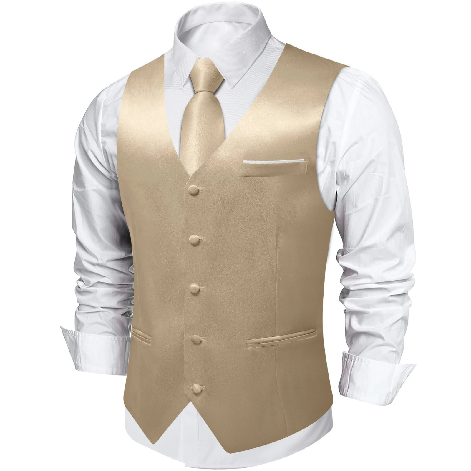 4Pcs Mens Champagne Satin Solid Suit Vest with 8cm Neck Tie Handkerchief Cufflinks for Wedding Prom Groom Waistcoat Clothing 251024