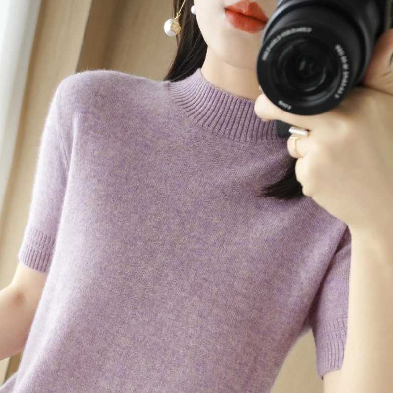 Spring Autumn Women Sweater Casual Warm Bottoming Shirts Mock Neck Basic Knitwear Short Sleeve Pullovers Korean Fashion JumperT251025