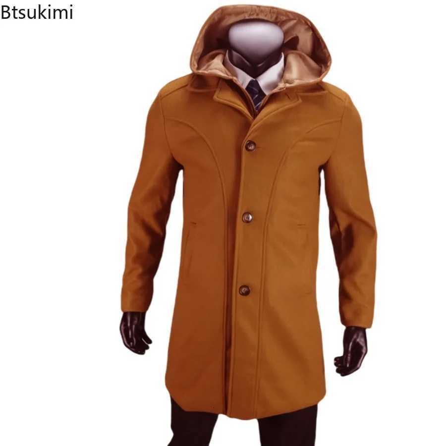 New 2025 Mens Autumn Winter Warm Woolen Jackets Fake Two Pieces Hooded Trench Coats Single Breasted Windbreaker Jackets MaleT251025