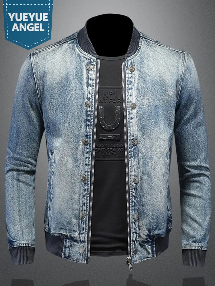 Mens Denim Bomber Jacket Slim Fit Vintage Moto Biker Short Cargo Coat Male Long Sleeve High Street Stand Collar Pilot Jackets 251017