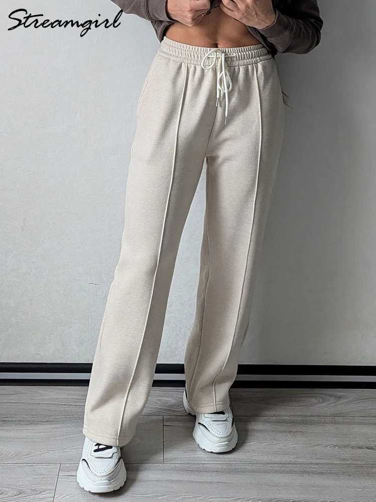 Streamgirl Warm Winter Wool Pants Women With Fleece Trousers High Waist Velvet Straight Leg Pants For Women Elastic WaistT251025