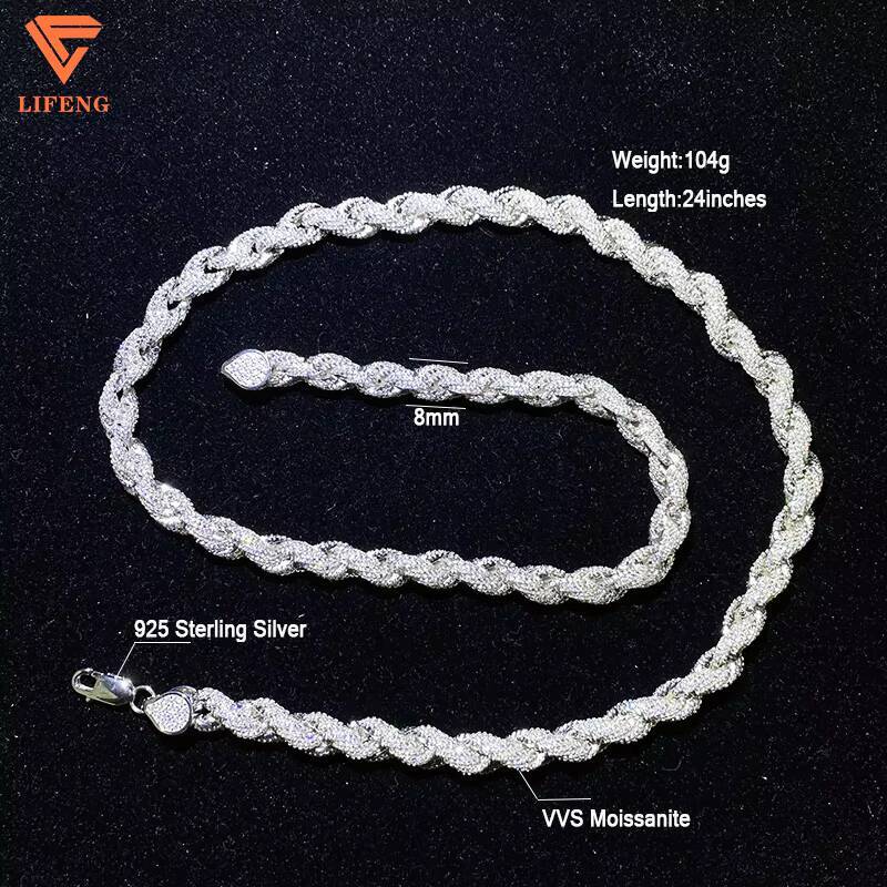 Custom 8mm Rope Chain DVVS Moissanite Diamond Sterling Silver 925 White Gold Plated Rope Chain Fine Jewelry Necklace for Women