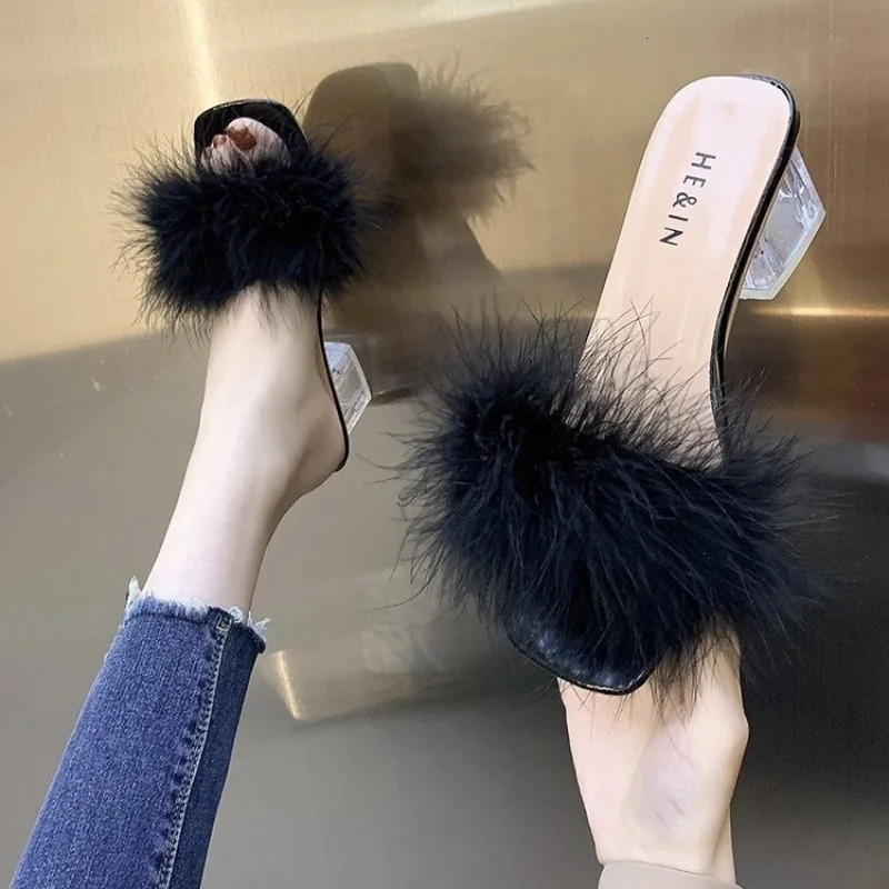 Mules Sandal Women Summer Outdoor Fashion Slippers Square Toe High Heels Office Ladies Feather Slides Chic Classics Furry Shoes 251023