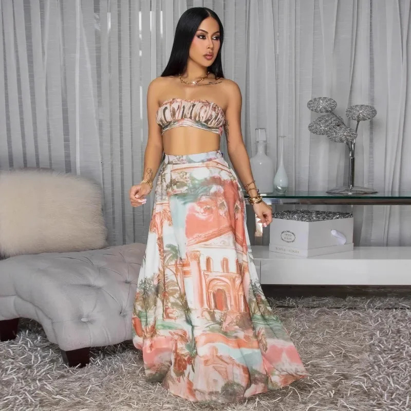 Doyerl Pattern Printing Party Dress Set Two Piece Vacation Club Wear Crop Top and Long Skirt Matching Sets Outfits 251016