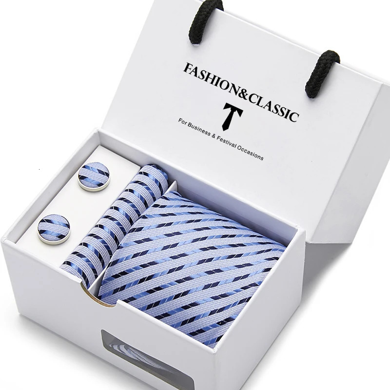 Top Grade Fashion Blue Dot Tie Pocket Square Cufflinks Set For Men Gift Box Wedding Gravatas Fit Formal Party 251023