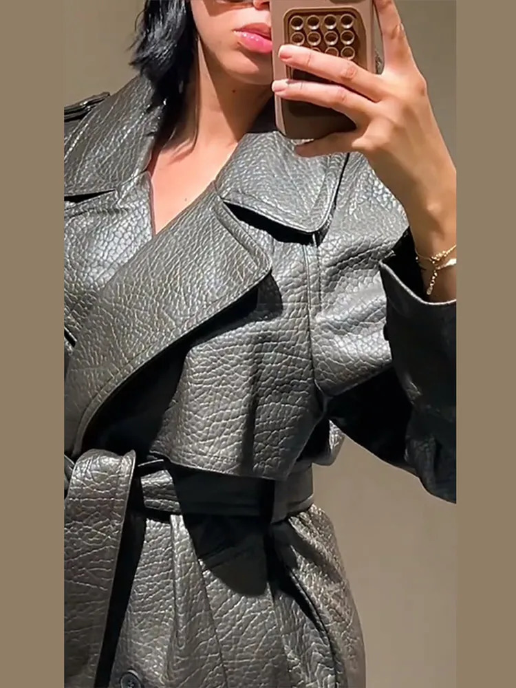 Double Breasted Lace up Long Leather Coat Woman Long Sleeves Loose Solid Color Casual Jackets Street Womens Early Autumn Coats 251020