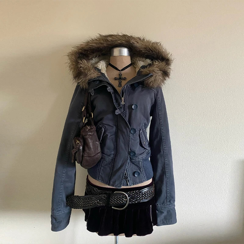 Vintage Brown Short Hooded Jacket Womens Full Sleeve Slim Detachable Fur Collar Warm 2025 Winter Autumn Female Y2k Outwears 251015
