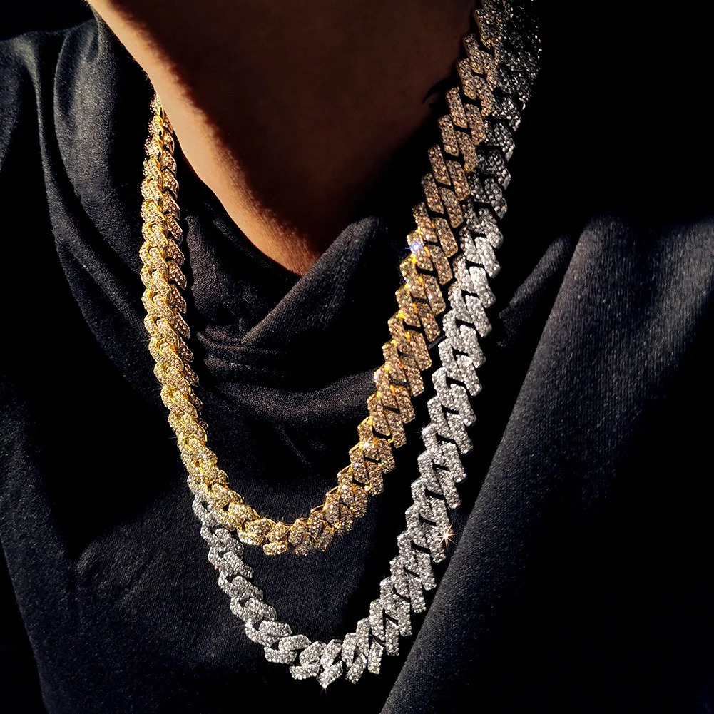 161824inch Gold Color Cuban Link Chain for Women Men 2 Row Rhinestone Rhombus Prong Cuban Necklaces Hip Hop Jewelry 251013