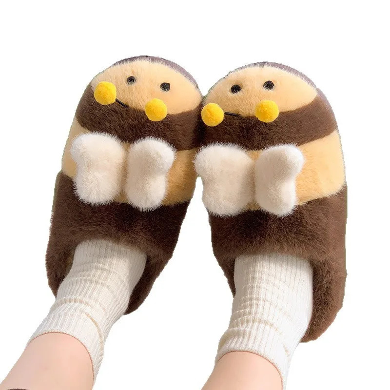 Cute Bee Winter Home Plush Slippers Womens Cotton Slippers Low Heel Soft Bottom Home Shoes Antislip Furry Comfortable Footwear251020