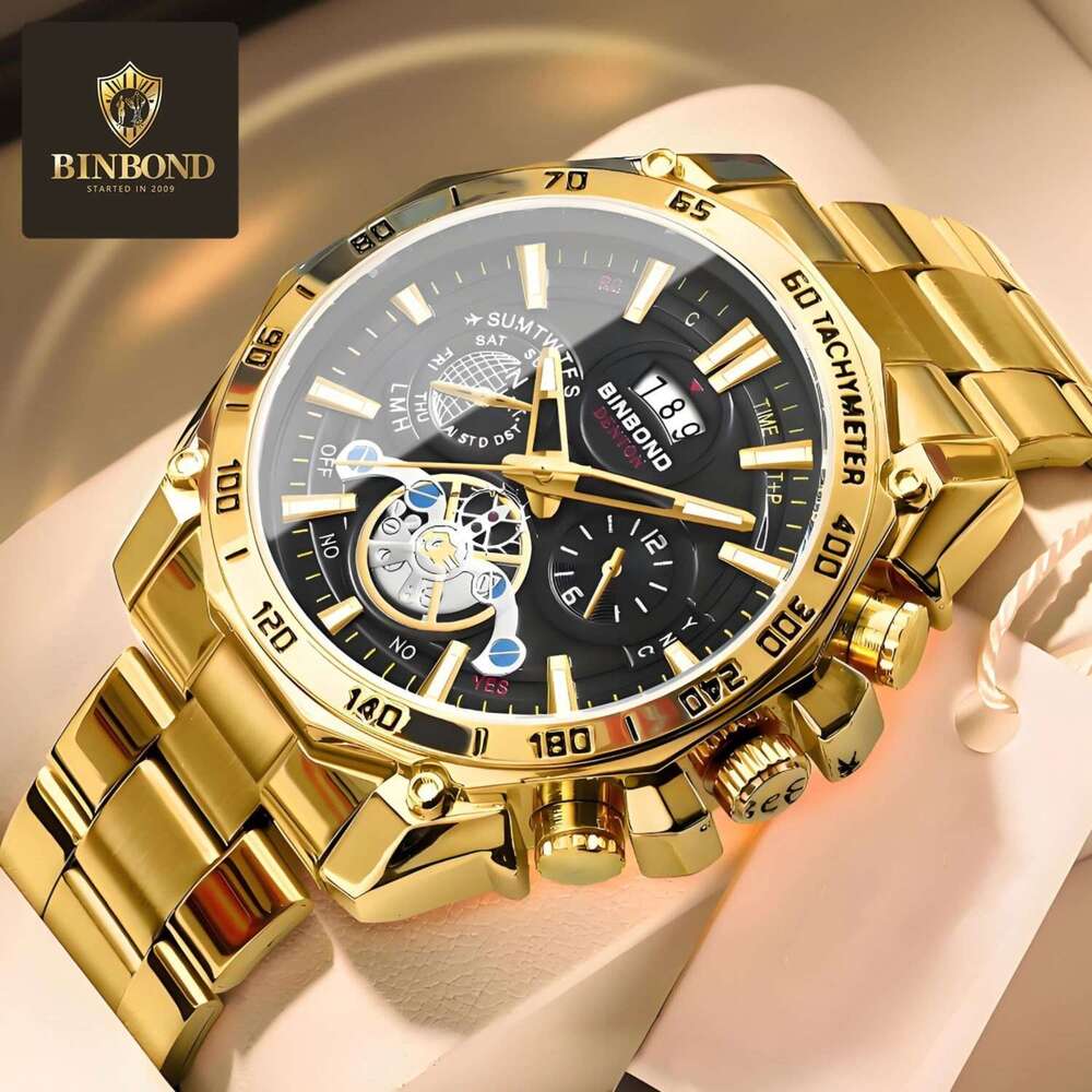 Luminous Trendy Student Men's Tourbillon Gift Steel Band Three Eyes Six Hands Decorative Watch