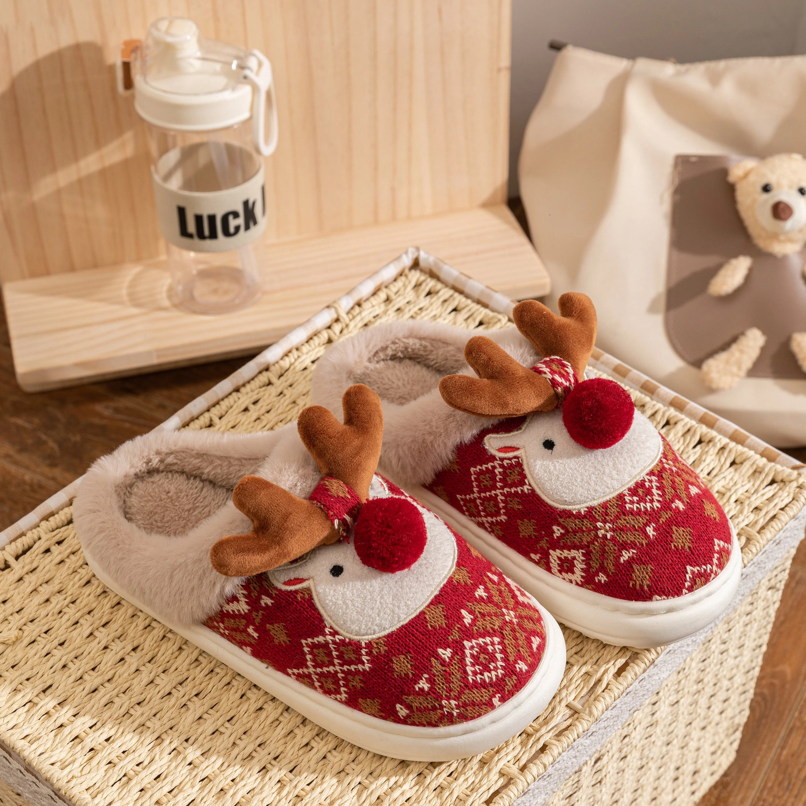 Winter Lovely Womens Slippers Home Cute Cartoon Cotton Slippers Christmas Deer NonSlip House Shoes251020