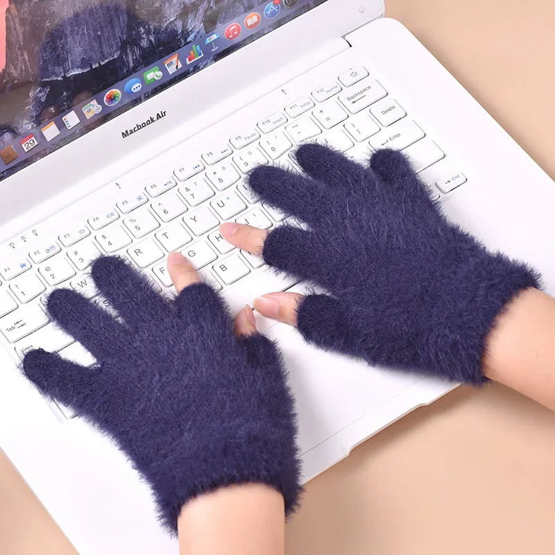 Sweet Mink Wool Short Gloves Women Winter Thicken Knitted Warm Short Fluffy Plush Mittens Fingerless Mobile Touch Screen Gloves 251023