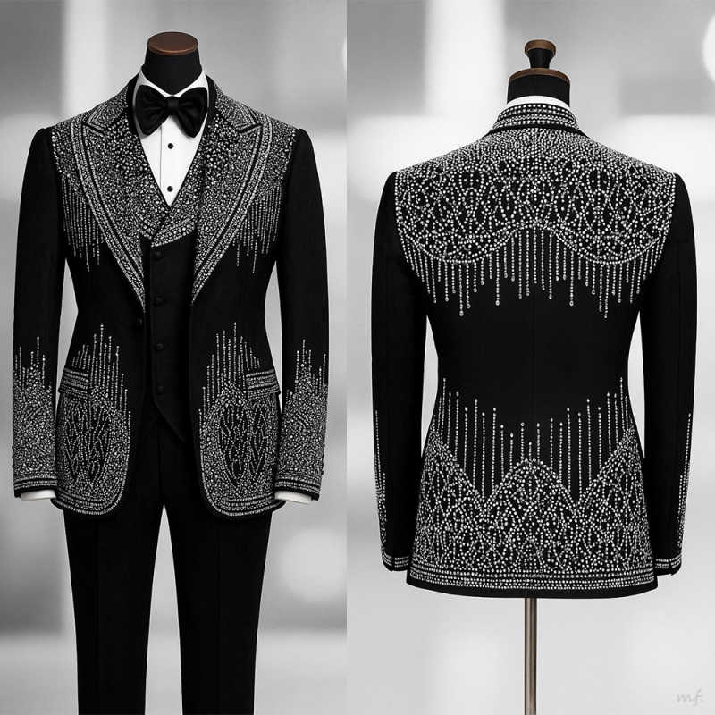 Luxury Stone Embroidery Men Suit With Pant Jacquard Groom Wedding Tuxedos Customized Costume Homme 3 Pieces Sets Prom Blazers