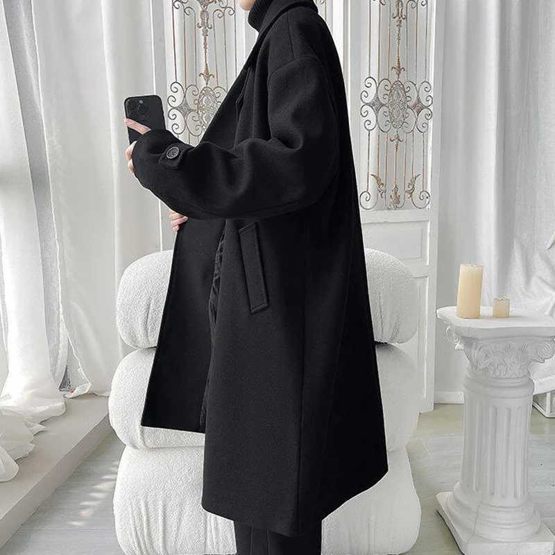 Korean Mens Wool Blend Coat XLong Notched Collar Double Breasted Pea Coat Trench OvercoatT251025