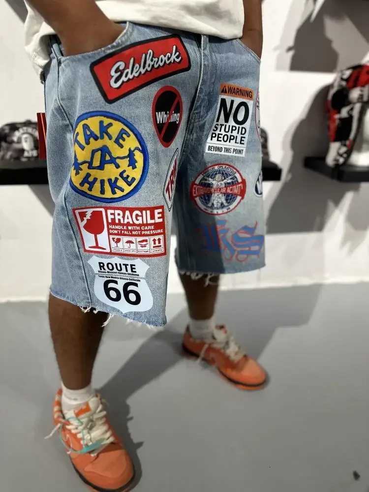 American Retro Denim Shorts Y2K Jeans Harajuku Hip Hop Cartoon Embroidery Retro Baggy Shorts Low Waist Sports Basketball ShortsXJ251025