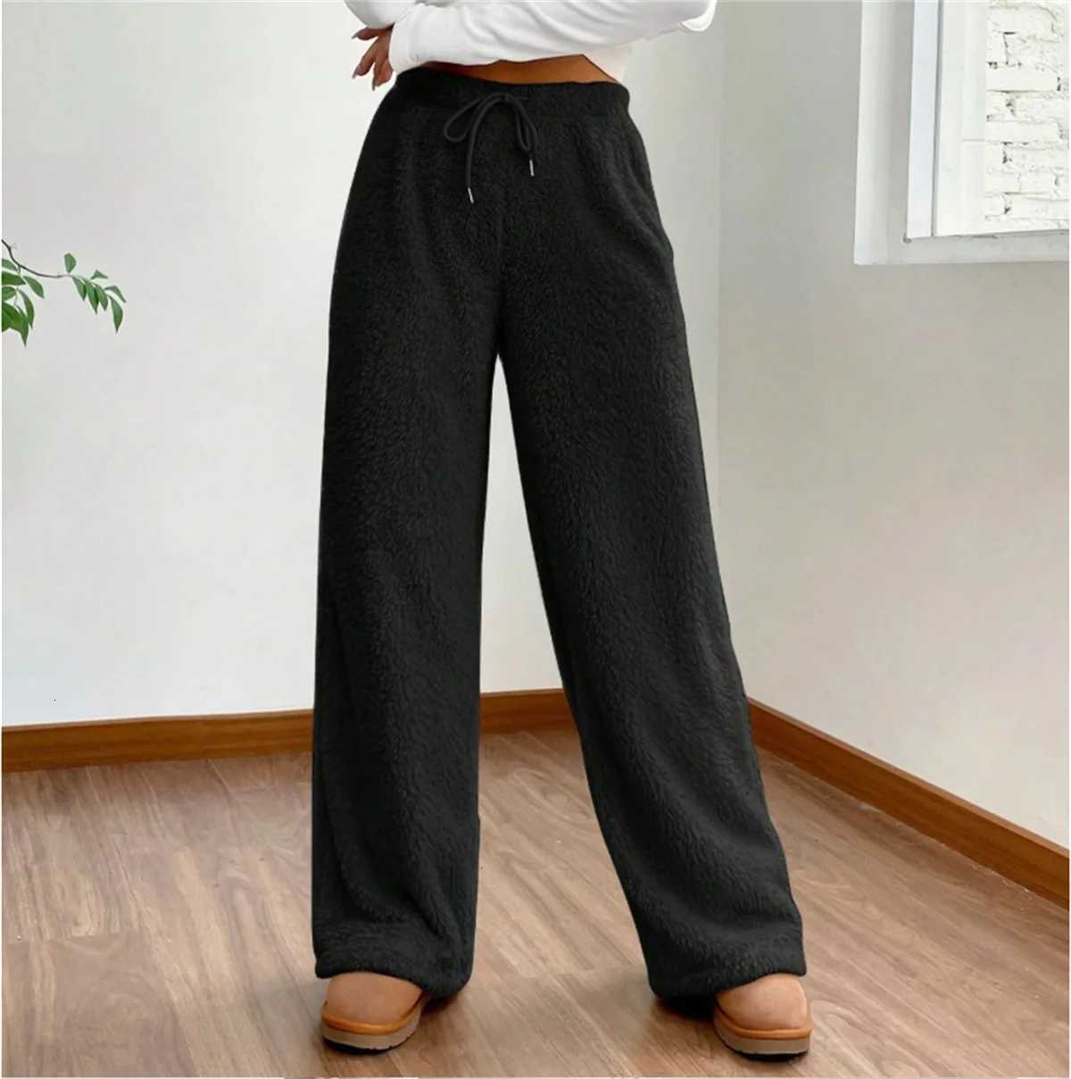 Women Drawstring Autumn Winter Pant Fashion High Wasit Plush Warm Pants Casual Straight Outfit Trousers Lady Streetwear VintageT251025