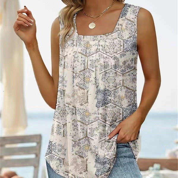 2025 New Summer Sleeveless Square Neck Printed Tank Top T-Shirt for Women