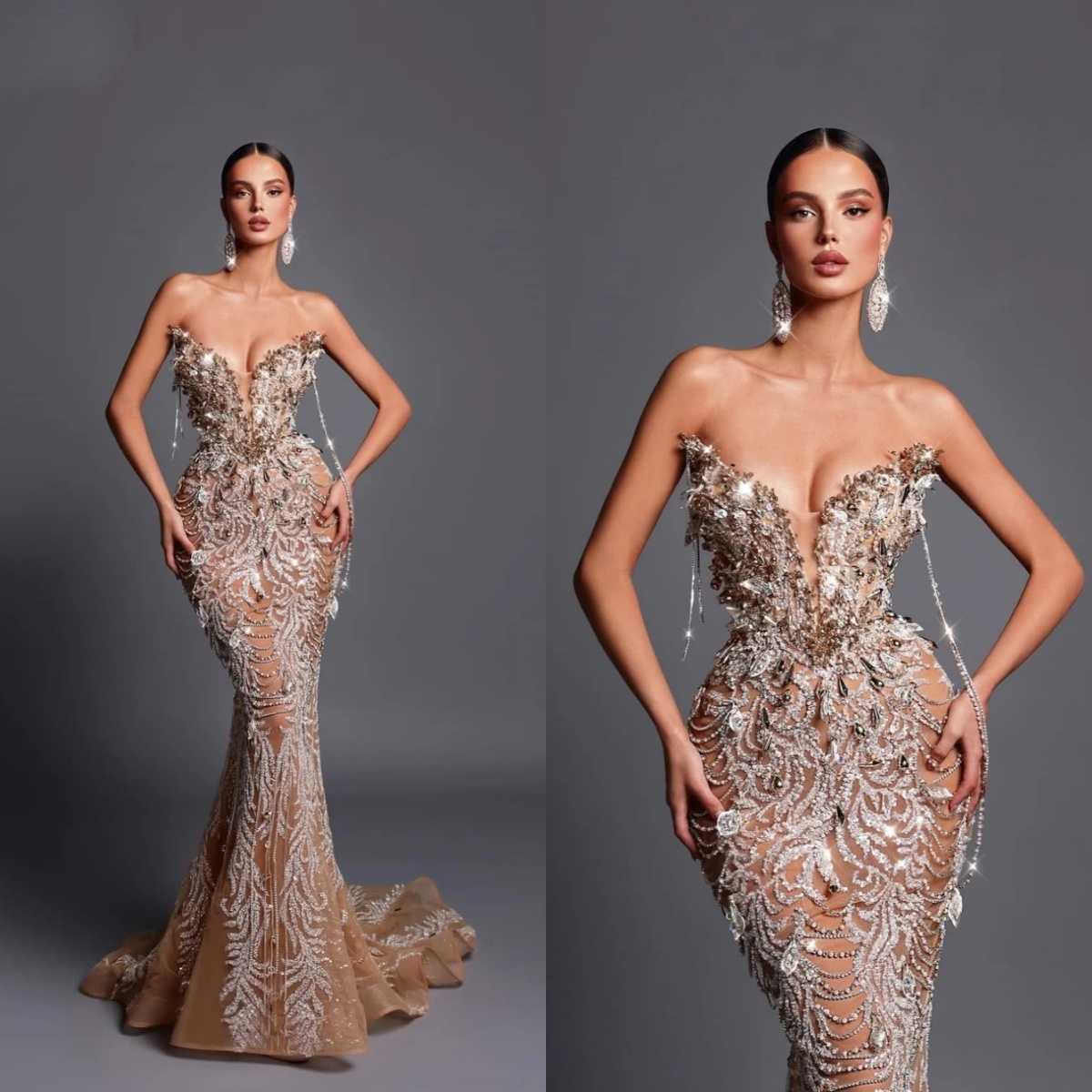 Champagne Luxury Mermaid Long Evening Dress Sexy Illusion Deep V-neck Prom Dresses Customized Beaded Cocktail Gown For Women