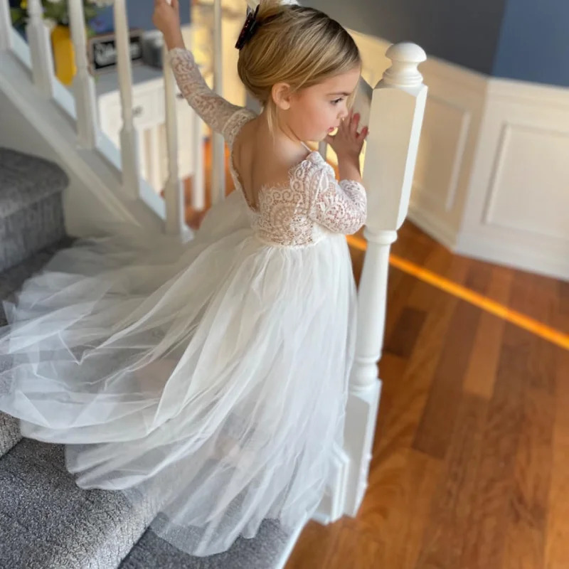 Summer Elegant Flower Girl White Wedding Lace white girl long dress Sleeve Mesh Girl Princess Dress backless girls aged 812 251023