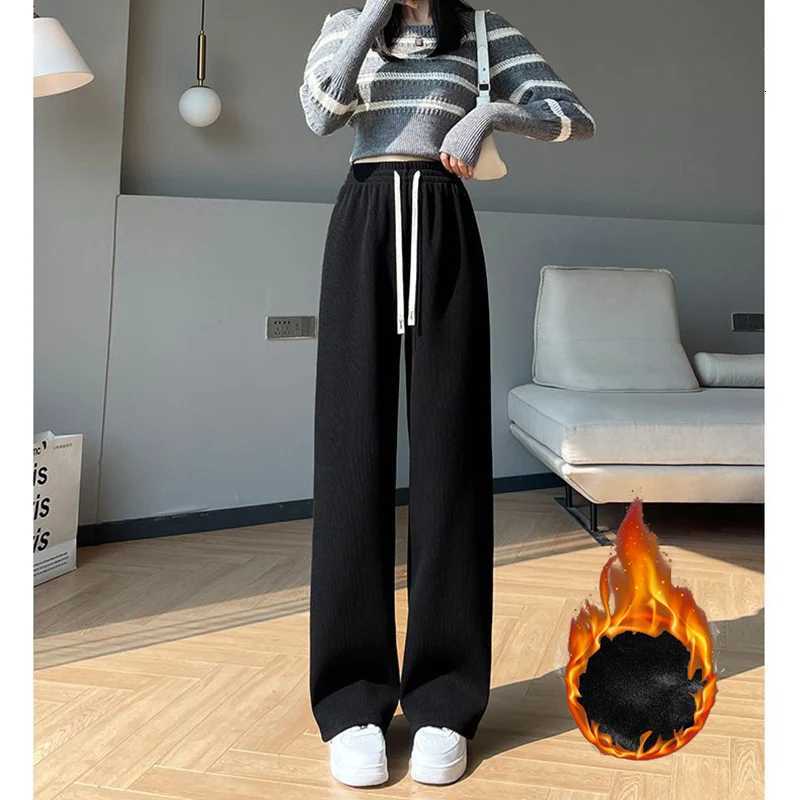 Winter Lady High Waist Fleece Thermal Pants Girls Straight Leg Baggy Fleece Trousers Female Korean Snow Warm Daily PantsT251025