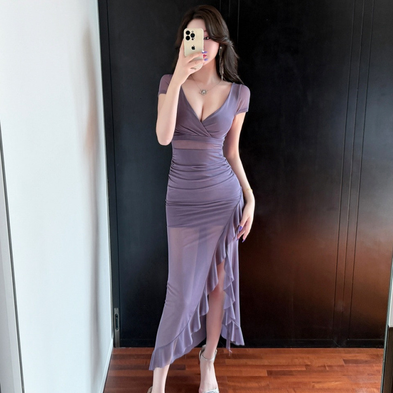 New Nightclub Designer Long Dress Sexy Low cut Mesh Dress Women's Sauna Massage Foot Bath Technician Work Clothes