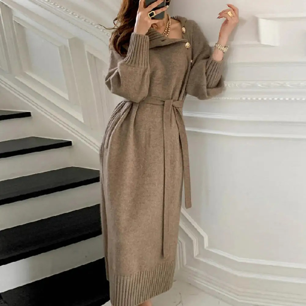Vintage Turtleneck Buttons Long Sleeve Long Dresses Winter Fashion Casual Loose Knitwear Warm Women Knitted Dress Black Apricot 251023